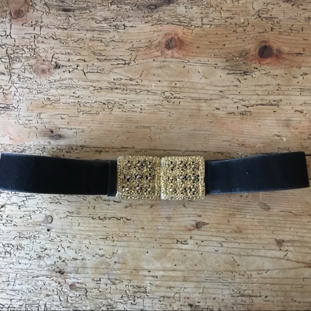 Vintage Gold Brass Filigree Buckle Black Velvet Belt Adjustable Changeable